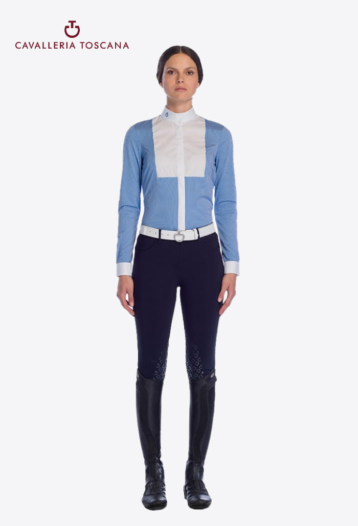 Cavalleria Toscana - Damen Polohemd L/S Shirt mit Prägestreifen und Latz