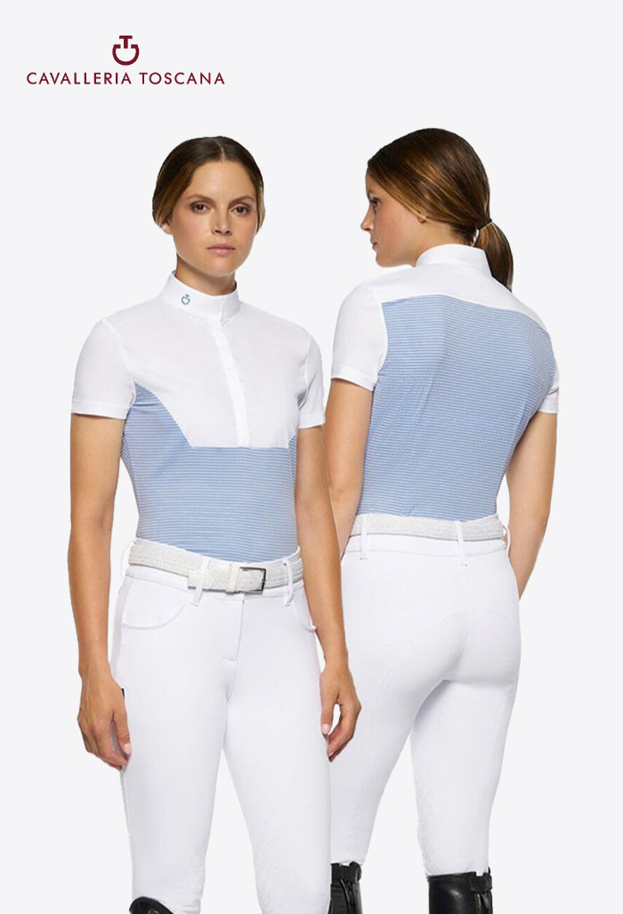 Cavalleria Toscana - Damen Turniershirt Leichtes Jersey mit Popeline Latz Kurzarm