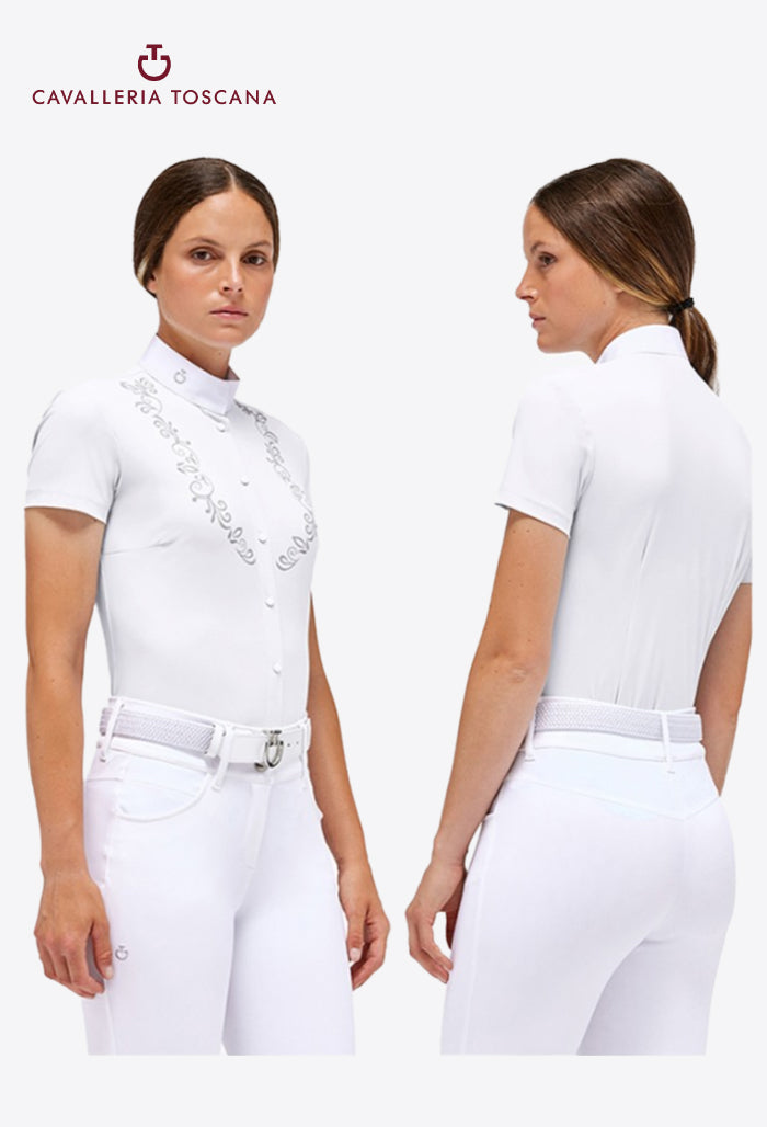 Cavalleria Toscana - Damen Turniershirt mit Stickerei-Print Jersey Kurzarm