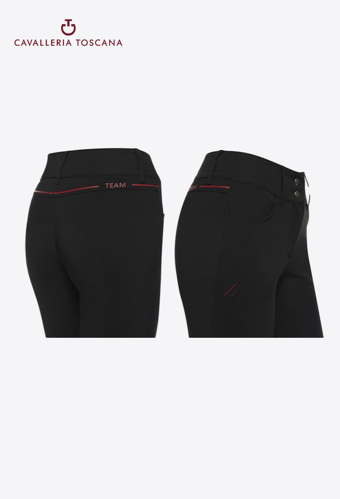 Cavalleria Toscana - Damen Reithose mit hohem Bund und Kniebesatz - CT Team Red Stripe
