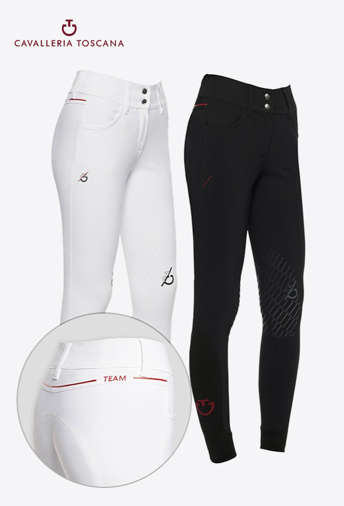 Cavalleria Toscana - Damen Reithose mit hohem Bund und Kniebesatz - CT Team Red Stripe