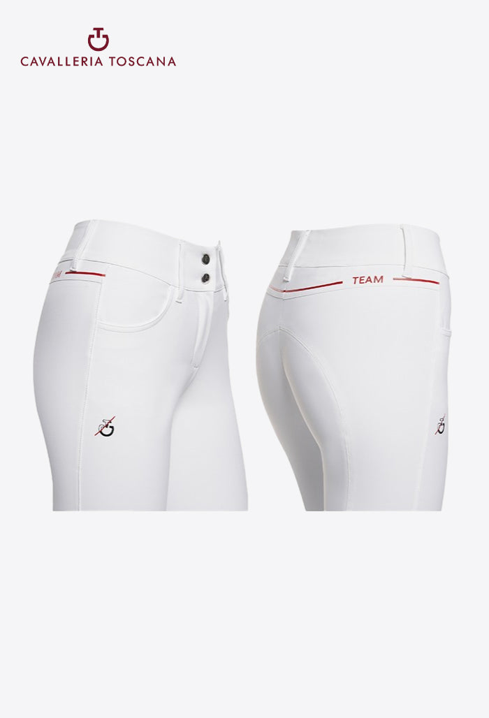 Cavalleria Toscana - Damen Reithose mit hohem Bund und Kniebesatz - CT Team Red Stripe