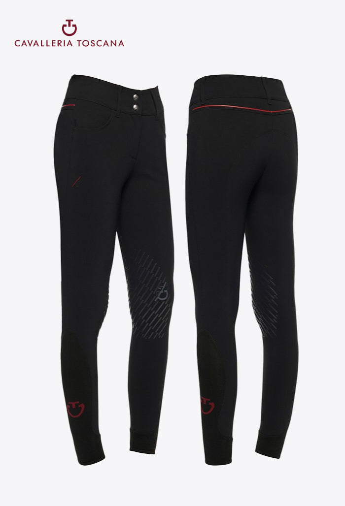 Cavalleria Toscana - Damen Reithose mit hohem Bund und Kniebesatz - CT Team Red Stripe