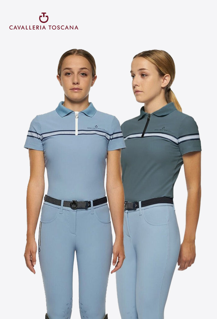 Cavalleria Toscana - Girls’ Polo Shirt Striped S/S Training Zip Polo