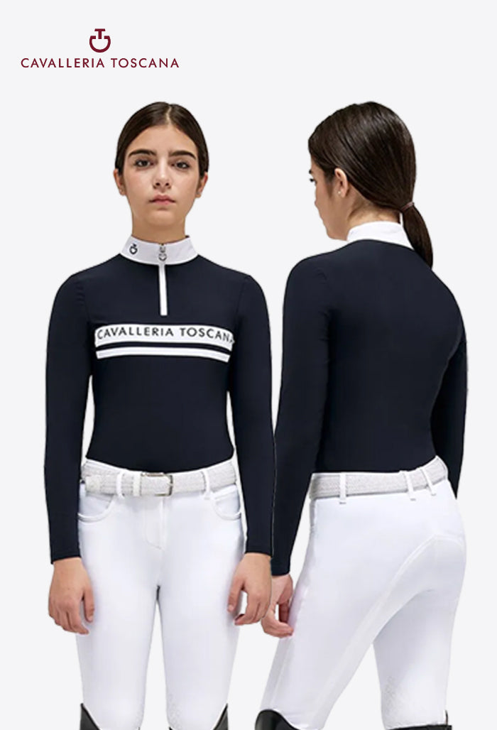 Cavalleria Toscana - Children's Competition Shirt Flocked Stripe CT Logo L/S Jersey Zip